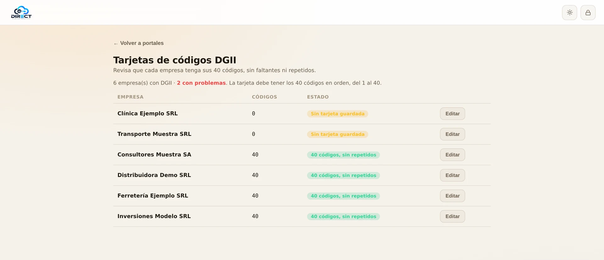 Tarjetas de códigos DGII