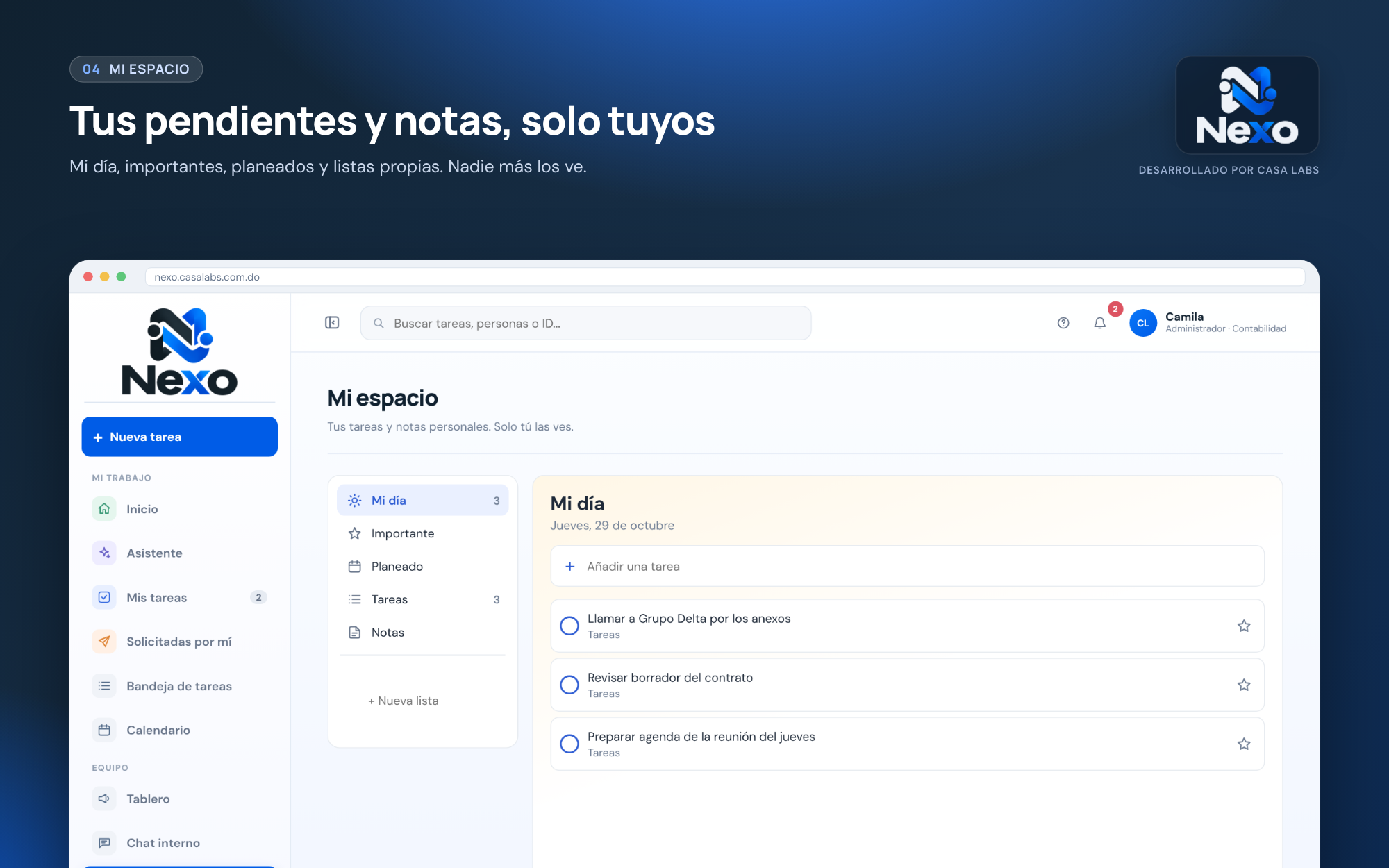 Mi espacio · tus pendientes y notas